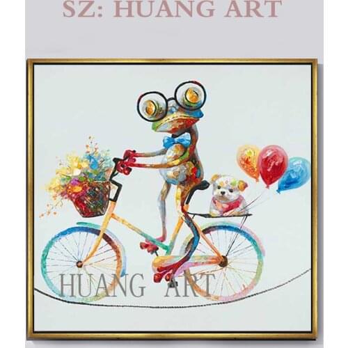 Hand Painted Frog Ride Bicycle Oil Paintings Modern Abstract Animals Pictures Of Wall Hangings On Canvas Modern Home Children