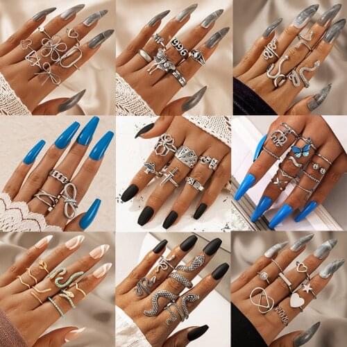 SOHOT Vintage Hip Hop Octopus Spider Snake Mushroom Knife Butterfly Dolphin Elephant Open Rings Set Unisex Jewelry Drop Shipping