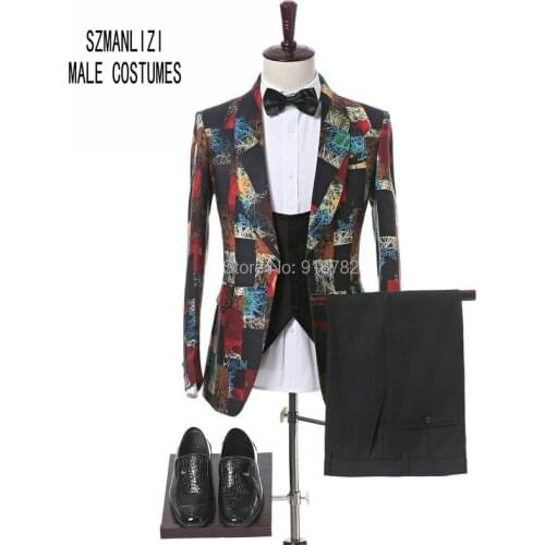 Terno Masculino 2017 Elegant Brand Suit Slim Fit Shawl Lapel Printed Blazer Tuxedo Groom Men Suit With Pants Mens Wedding Suits