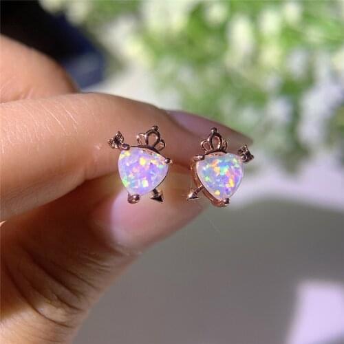Vintage Rose Gold Color Wedding Earrings Female Love Heart Small Stud Earrings Charming White Blue Opal Stone Earrings For Women