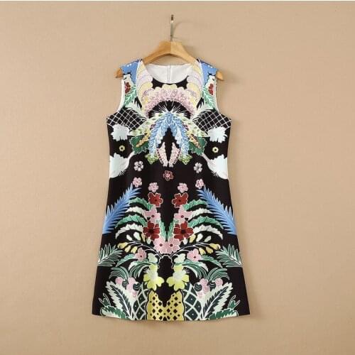 Europe and the United States womens clothing New Summer 2021 Sleeveless stud beaded round neck Fashion botanical print dress