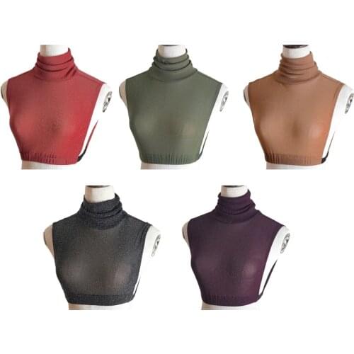 Women Turtleneck Translucent Mesh Shiny False Fake Collar Solid Color Stretchy Detachable Pullover Half Top Bottoming Shirt Dec