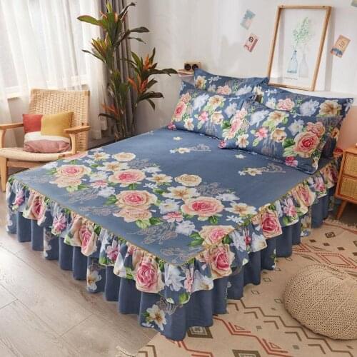 1pc Floral Bed Skirt+2pcs Pillowcase King Queen Size Wedding Bedapread 3pcs Set Skin-friendly Soft Sanding Princess Bedspread