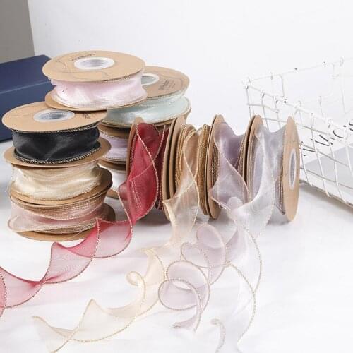 10 Yards 40mm Gold Line Organza Wave Ribbons For Crafts Cake Box Gift Package Bouquet Decorative Ribbon Tape Headwear Bow DIY