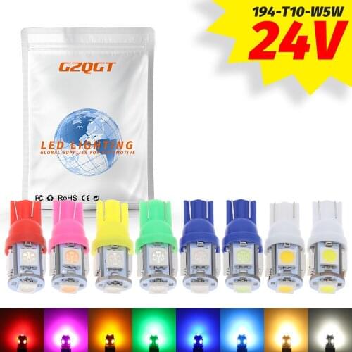 100pcs 24V LED T10 194 168 W5W 5 SMD 5050 5SMD LED Wedge Light Bulb Lamp White Green Blue Red Yellow 24V DC t10 5smd 5050 5led