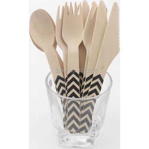 144pcs Hand Stamped Wooden Utensil Set Birthday Party Favor Supply Chevron Wooden fork Spoon Knife