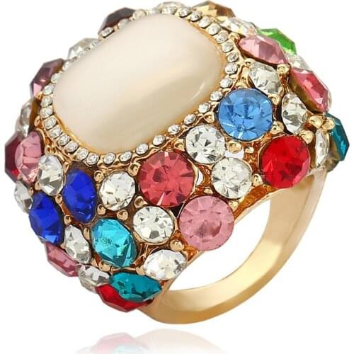 4 Colors) Big Gold Color Chunky White Simulated Opal Colorful Rhinestone Exaggerated Rings for Women Men Fashion Party Jewelry