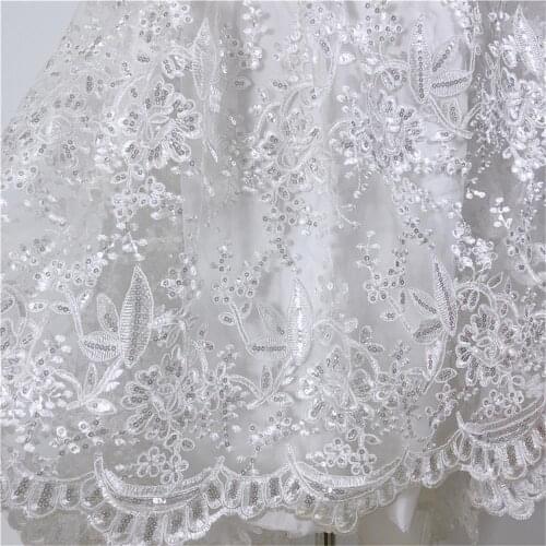 Ivory White Embroidered Flower Sequins Shiny Lace Fabric Car Bone Cording DIY Wedding Dress Sewing Material V2846