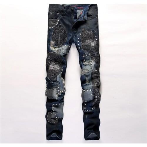 New Motorcycle Pants Mens Embroidery Bead Stitching Nightclub Pants Slim Straight Jeans Autumn Streetwear
