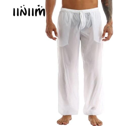 Mens Male Ultra-Thin Elastic Waist Drawstring Loose Fit Trousers Long Pants with Pockets Casual Summer Beachwear