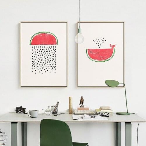 HAOCHU Nordic Decorative Canvas Painting Happy Summer Cartoon Watermelon Modern and Simple Posters for Childrens Bedrom