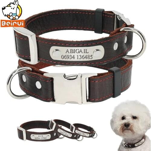 Personalized Customized Dog Collar Genuine Leather Adjustable Engraved ID Dog Collars For Small Medium Large Pet Dogs Pitbull