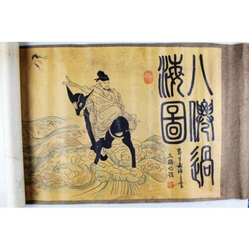 Antiguo chino caligrafía y pintura colección regalo decoración mural-los Ocho inmortales que cruzan el diagrama del mar