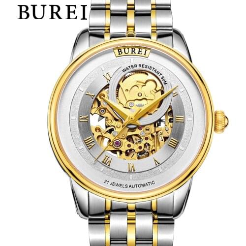 BUREI Brand Gold Automatic Watch Men Luxury Waterproof Fashion Skeleton Casual Hollow Mechanical Wristwatches Relogio Masculino