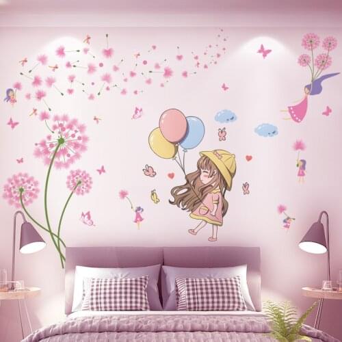 [shijuekongjian] Cartoon Girl Balloons Wall Stickers DIY Dandelions Flowers Mural Decals for Kids Rooms Baby Bedroom Decoration