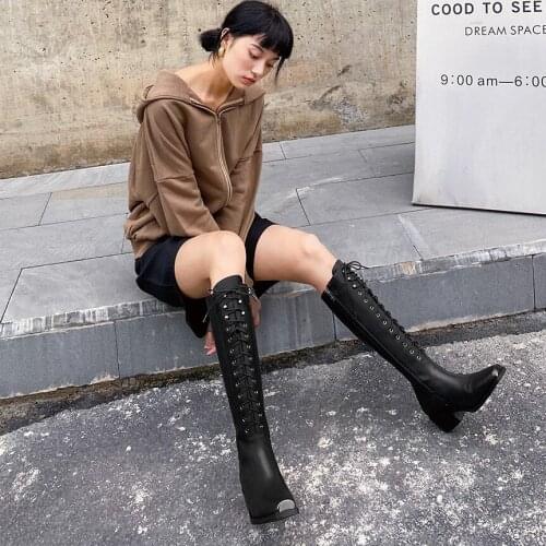 2020 autumn and winter new side zipper leather lace up boots wild square toe mid-heel thick heel Martin boots female X442