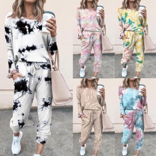 Spring and Autumn New Ladies Suit Home Wear Printed Long-sleeved Round Neck Top Lace-up Trousers Two-piece Womens Clothing WF15