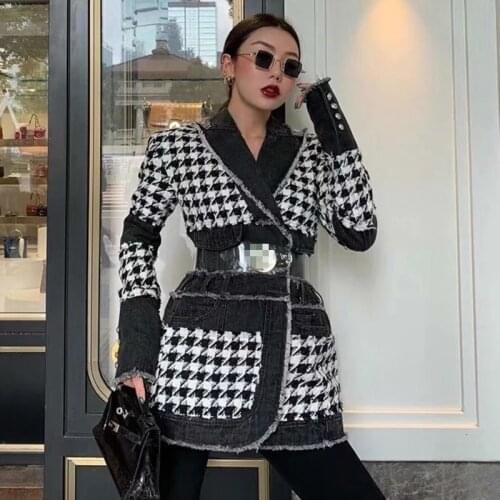 New Women Full Sleeve Plaid Cowboy Split Joint Fashion Trend Jacket