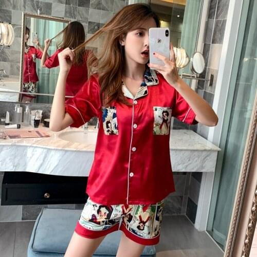 Disney summer cartoon Snow White print pajamas Girl simulation silk short-sleeved thin section home service ice silk pajamas set