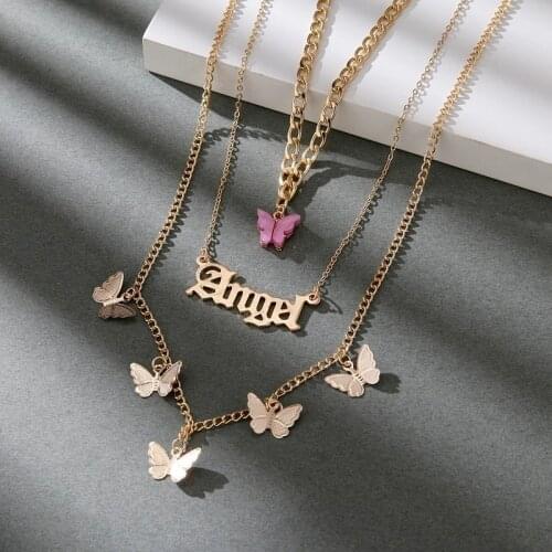 Pink Multi-layer Butterfly Letter Mental Necklaces for Women Girls 2021 Pendant Necklaces Fashion Jewelry Gifts Party Accessory