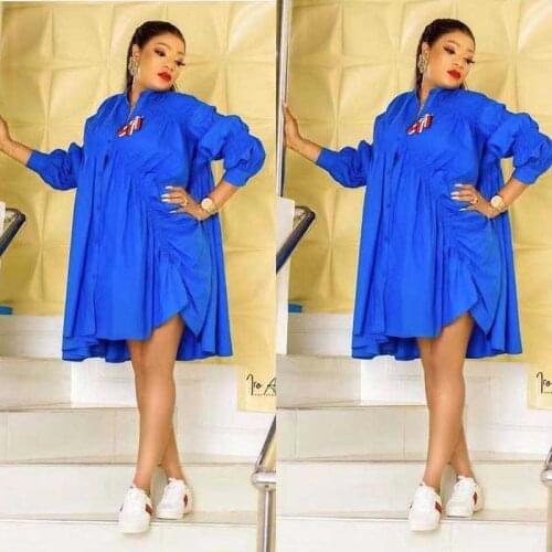 African Dress Shirt Women Spring Autumn Lantern Sleeve Folds Loose Knee-length Dresses Sexy Lapel Button African Dress For Lady