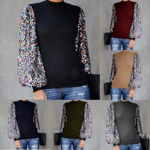 S-XL Autumn Winter fashion Ladies Half High Neck Sequin Sequin Stitching Lantern Sleeve Long Sleeve warm Top T-shirt among us F4