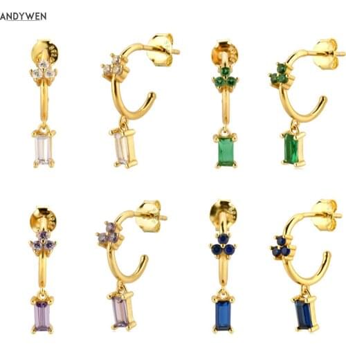 ANDYWEN 925 Sterling Silver Three Zircon Pendiente Drop Earring Crystal Luxury Piercing Ohrringe 2020 Rainbow 4 Color Jewelry