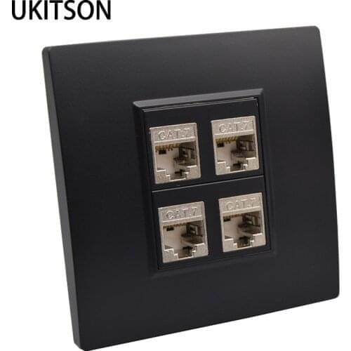 Black 4 Ports Network Faceplate With Shielded CAT7 CAT6A RJ45 Keystone Jack 10GB Internet Wall Outlet Panel Board In Dark Color