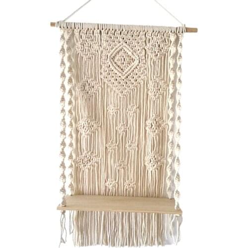 Woven Tassel Tapestry Macrame Wall Hanging Tapestry with Rack Wall Decoration for Apartment Home Living Room