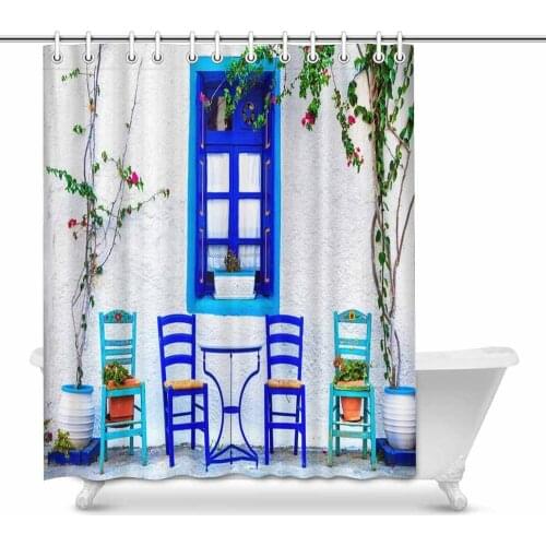 Traditional Greece Series Small Cute Street Tavernas Kos Island Bathroom Decor Shower Curtain Set
