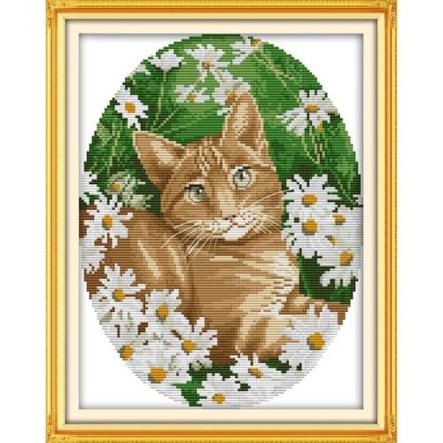 Everlasting Love Cat In The Flowers Chinese Cross Stitch Kits Ecological Cotton Stamped 11CT DIY New Year Decorations For Home