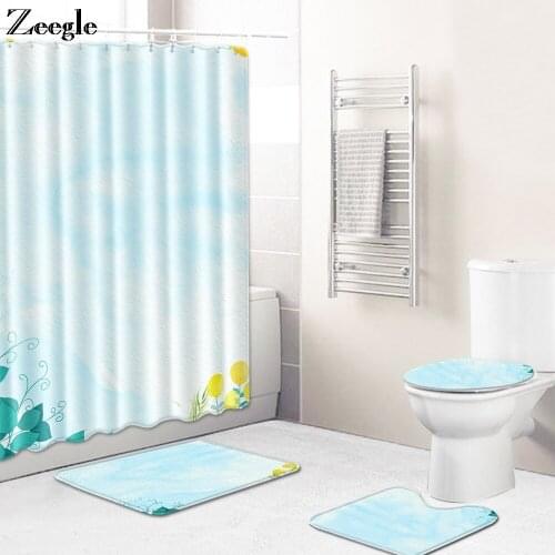 Zeegle 4Pcs Bath Mat Set Toilet Seat Cover Shower Room Doormat Modern Area Soft Rug Anti Slip Carpet Waterproof Shower Curtain