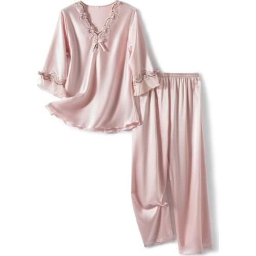 Ladies Autumn Pajamas Women Satin Silk Pajama Sleepwear Nightwear Two Piece Set Home Clothes Women Sleepwear