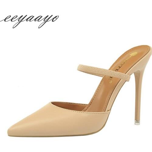 2019 New Summer Women Mules Slippers High Thin Heel Pointed Toe Fashion Sexy Ladies Women Shoes Apricot Outside Slides Slippers