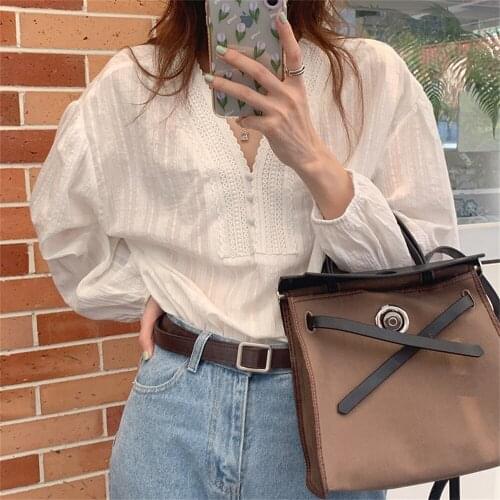 Alien Kitty White Lace Blouses Patchwork OL Sweet Femme Tops Retro 2021 New Loose Elegant Stylish Autumn Slim Casual Shirts