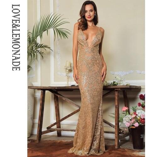 LOVE & LEMONADE Sexy Gold Deep V-Neck Open Back Glitter Glue Bead Material Party Long Dress LM80386-X
