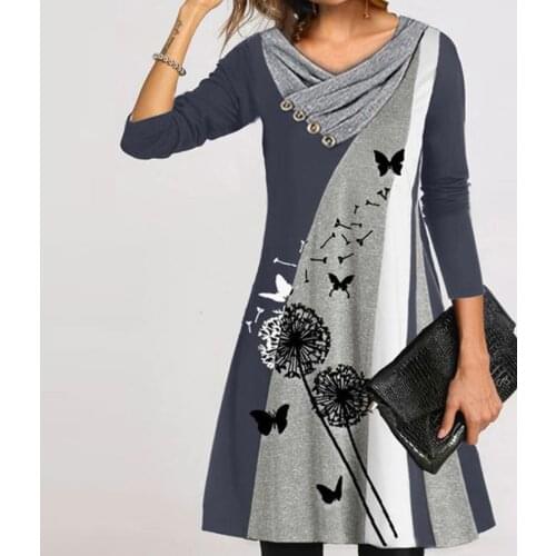 Above Knee Womens Loose Print Stitching Button Double-layer Collar Long-sleeved Dress A-line Casual Style Winter Dresses