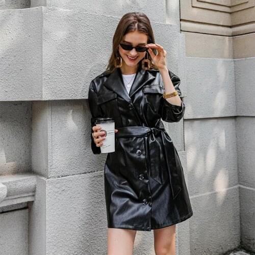 Women Vintage PU Leather Dresswith Belt Autumn Winter Chic Pocket Dress Causal Turn-down Single Collar Dress