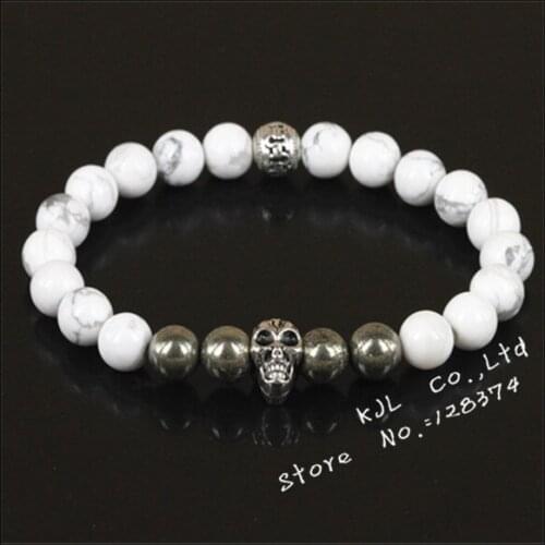 1pcs 2015 new arrival 8mm beads natural howlite stone rope chain bracelet with skull head for men/women