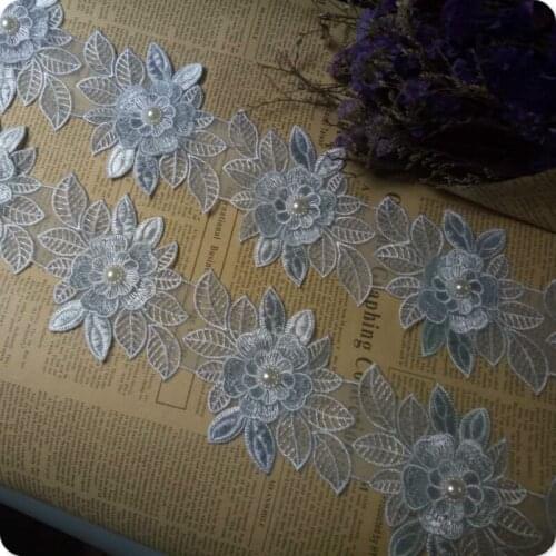 2 yards Light Blue Pearl Flower Leaf Handmade Beaded Embroidered Lace Edge Trim Ribbon Applique Wedding Dress Sewing Craft DIY