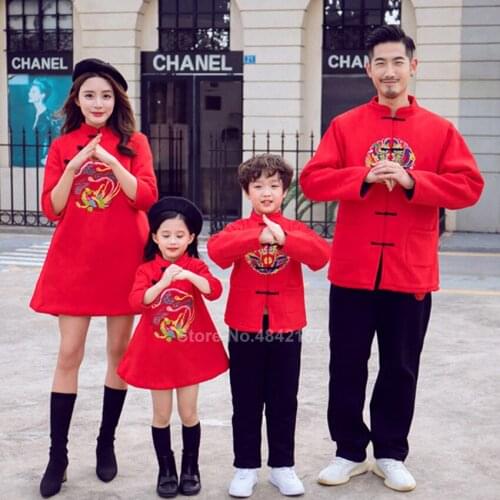 2021 Chinese New Year Tang Suit Family Matching Outfits Red Mom Daughter Cheongsam Dress Man Kids Boys Hanfu Jacket Tops