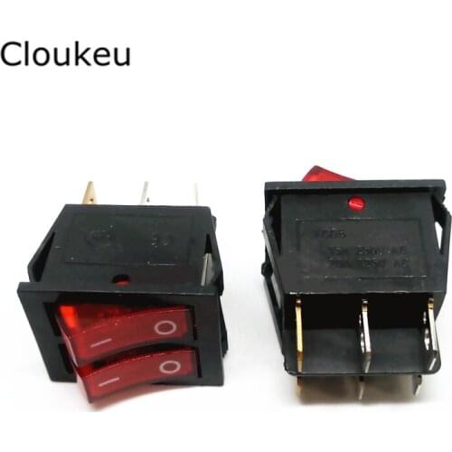 5Pcs 22*28mm Rocker Switch Red With lamp KCD3/KCD4 Double joint 6Pin 2File Seesaw Power Switch 16A250V