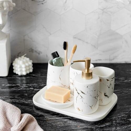 White Marble Pattern 6/set Bathroom Household Shower Gel Shampoo Dispenser Bottle Mouthwash Cup Toothbrush Tube Soap Dish