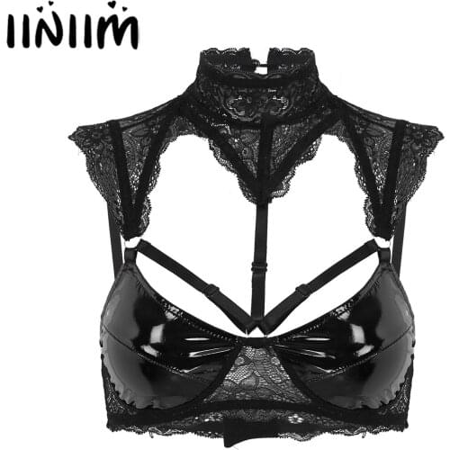 Womens Erotic Sexy Vest Lace Lingerie Wetlook Latex Tops Wire-free Unlined Bra Crop Tops for Cocktail Parties Clubwear Costumes