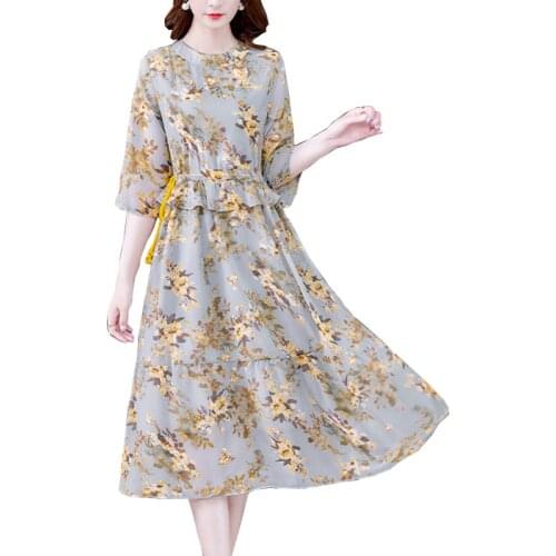 Silk Print Western Style Sweet Beauty Dress Women Summer Fashion Big size Dress Round neck Half sleeve Medium Long Dresses OK727