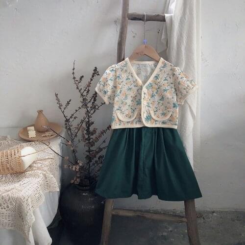 Hollead Girls Clothing Sets V-Neck Floral Tshirt+Green Skirt 2Pcs/Set Single Breasted Top Childrens Casual Costume 1-7 Years