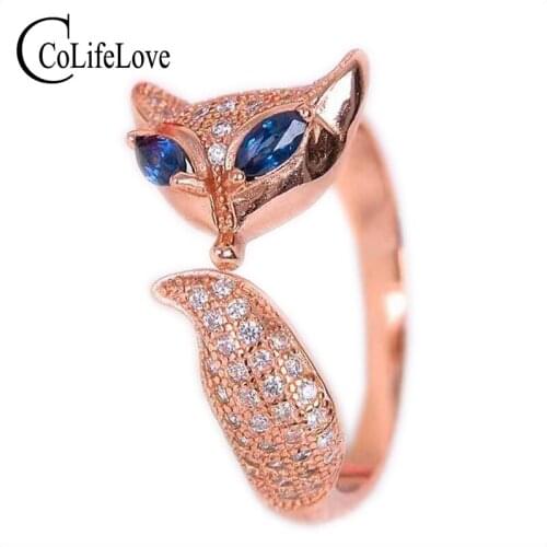 Cute silver fox ring 0.2ct natural sapphire silver fox ring solid 925 silver sapphire ring romantic birthday gift for girlfriend