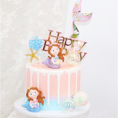 Laser Mermaid Tail Starfish Seahorse Happy Birthday Cake Topper Girl Kids Party Decoration Candy Bar Baby Shower Cake Supplies