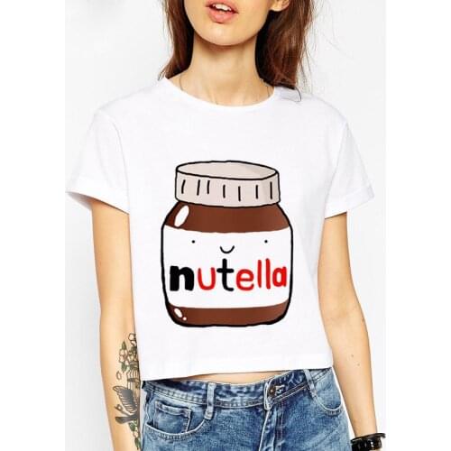 Summer Women Slim fit T-shirt nutella Print White Crop Tops Short Sleeve T shirts Fitness Fashion Kawaii T-shirt Leisure