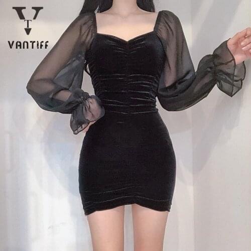Fashion Streetwear Women Dress Summer 2020 New Velvet Mesh Stitching Commuter Dress Punk Rave Dress for Female Party Dresses